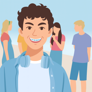 Illustration of a smiling teen wearing SPARK aligners, a light blue shirt, and headphones around the neck. Three peers are in the background against a soft blue sky.