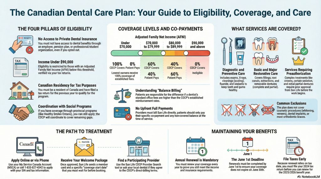 An illustrated infographic titled The Canadian Dental Care Plan: Your Guide to Eligibility, Coverage, and Care, featuring sections on eligibility pillars, coverage levels and co-payments, covered services, the path to treatment, and tips for maintaining benefits.